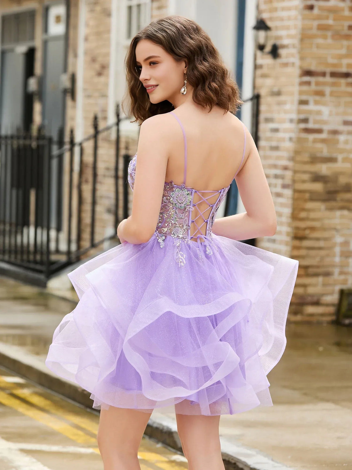 Lilac mini tulle dress with corset bodice, layered ruffle skirt, open back