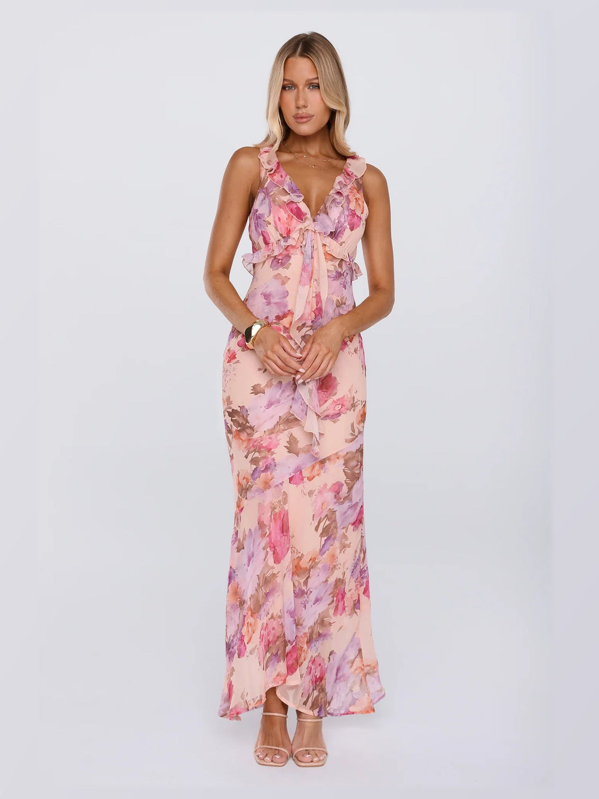 Red formal dress with structured woven fabric construction and high-low hem