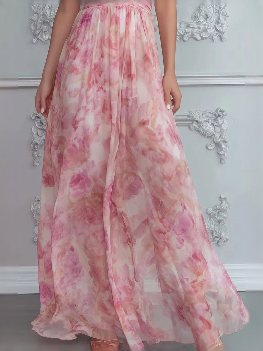 Dusty pink floral chiffon A-line maxi dress with flowing gathered skirt