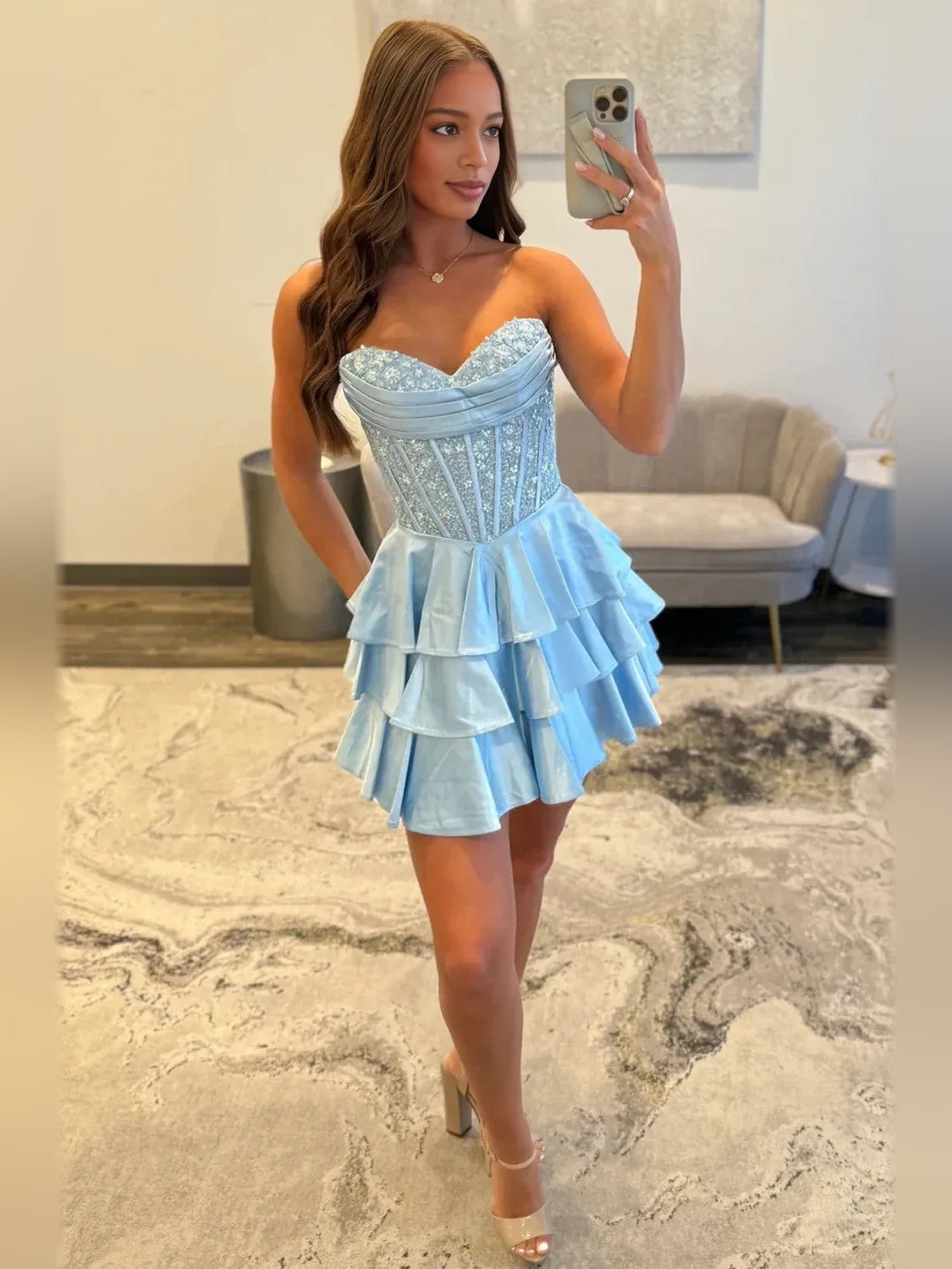 Light blue corset bodice sweetheart mini satin dress with tiered ruffle skirt