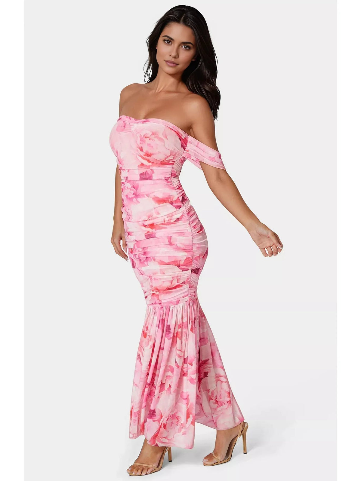 Pink floral off-shoulder maxi dress with short sleeves and fitted mermaid hem