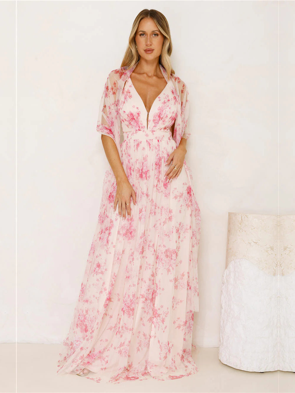 Fuchsia a-line maxi formal dress with floral print, alternate view