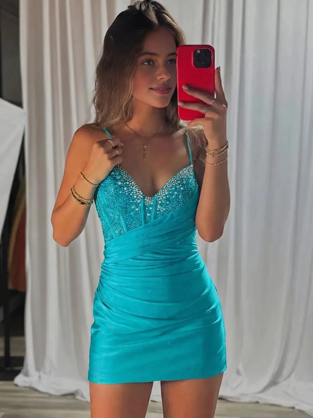Teal satin ruched mini dress with corset V-neck and sparkling spaghetti straps