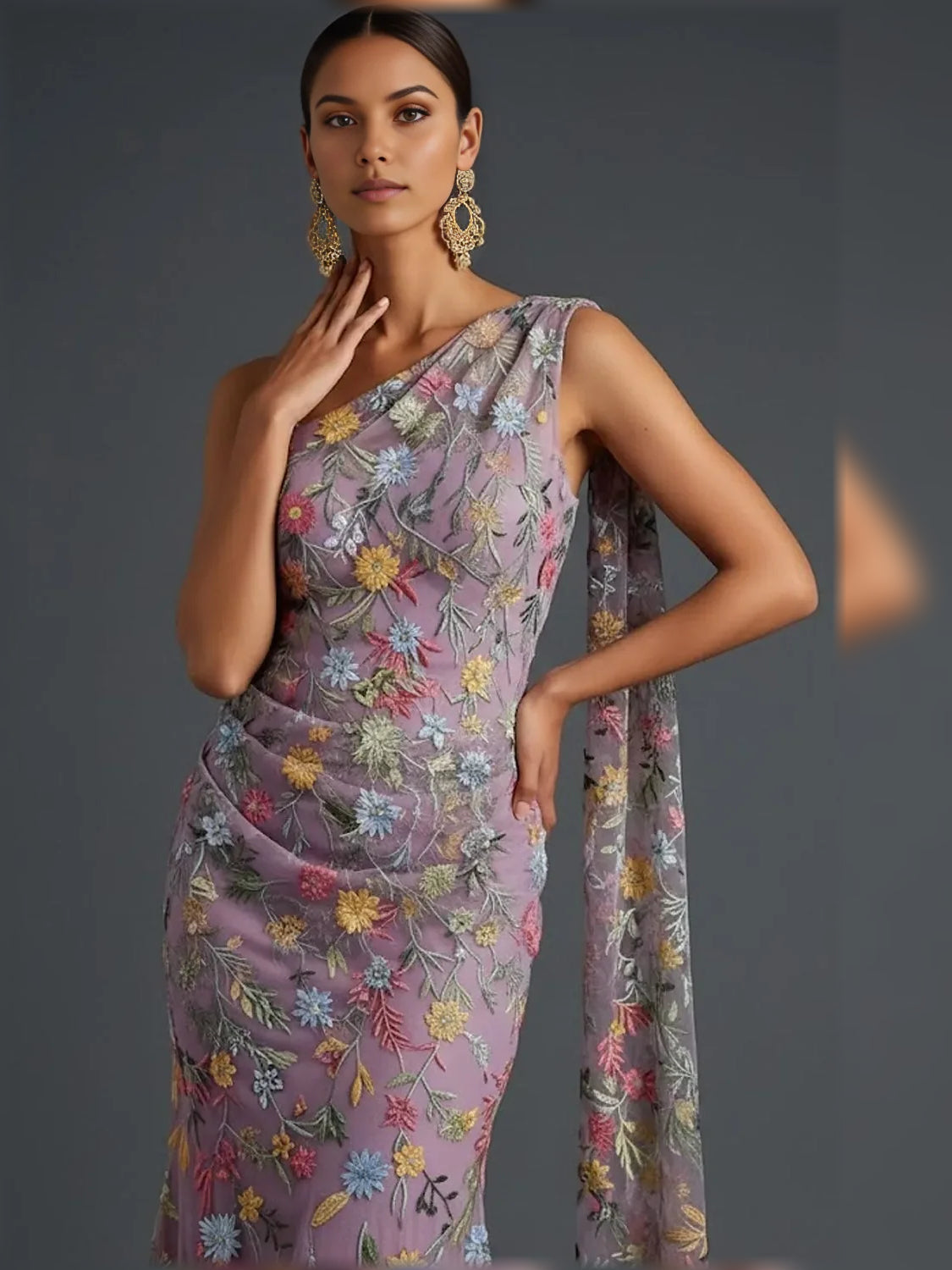 Floral print one-shoulder formal dress, open back detail, mauve base with vibrant flowers