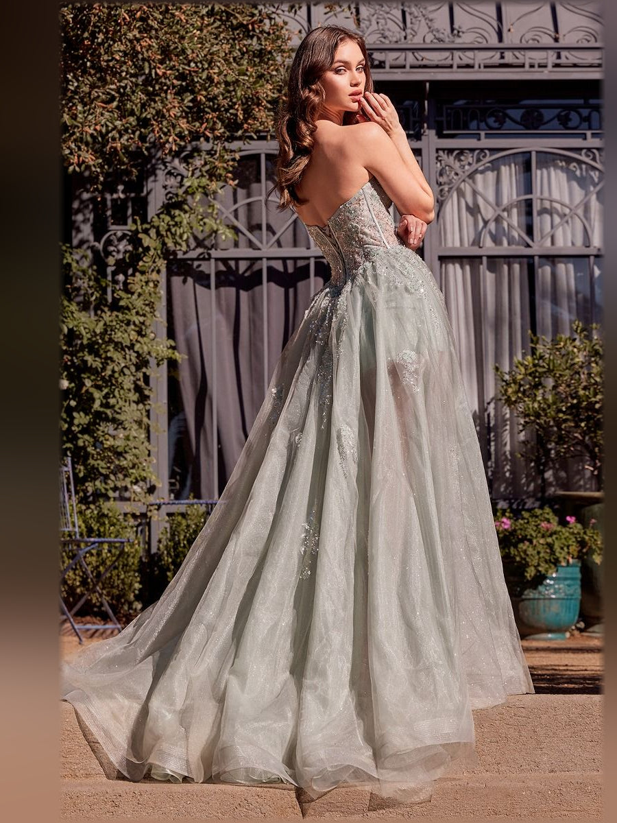 Silver strapless corset formal dress with sweetheart neckline and flowing sheer skirt