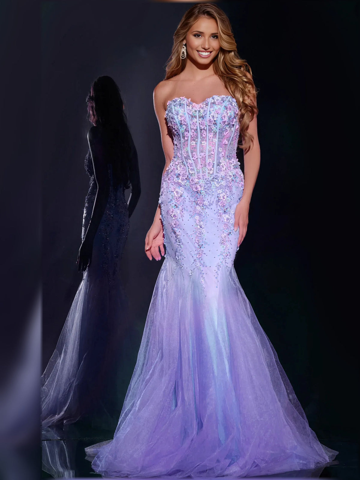 Lilac floral sweetheart corset gown, fitted bodice and flowing floor-length tulle skirt