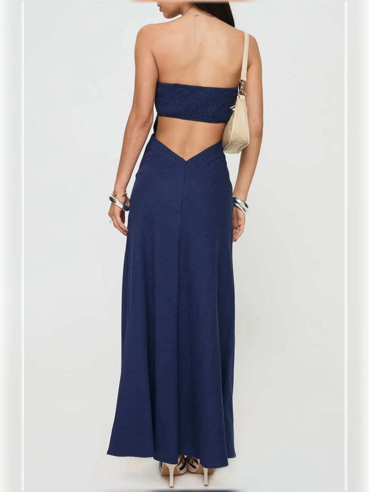 Navy strapless cutout back sheath formal dress, floor-length, V back opening
