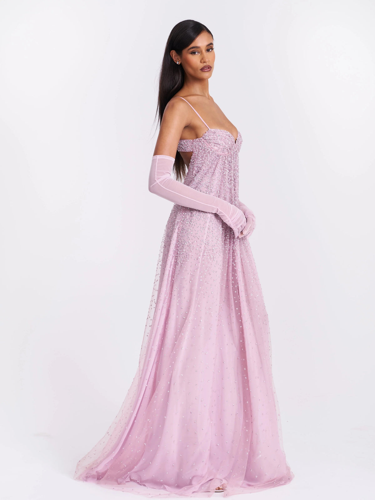 Dusty rose sweetheart A-line tulle prom dress with beaded bodice and sparkling mesh