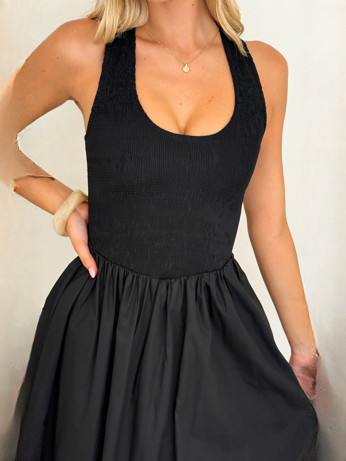 Black a-line maxi formal dress with halter neckline, alternate view