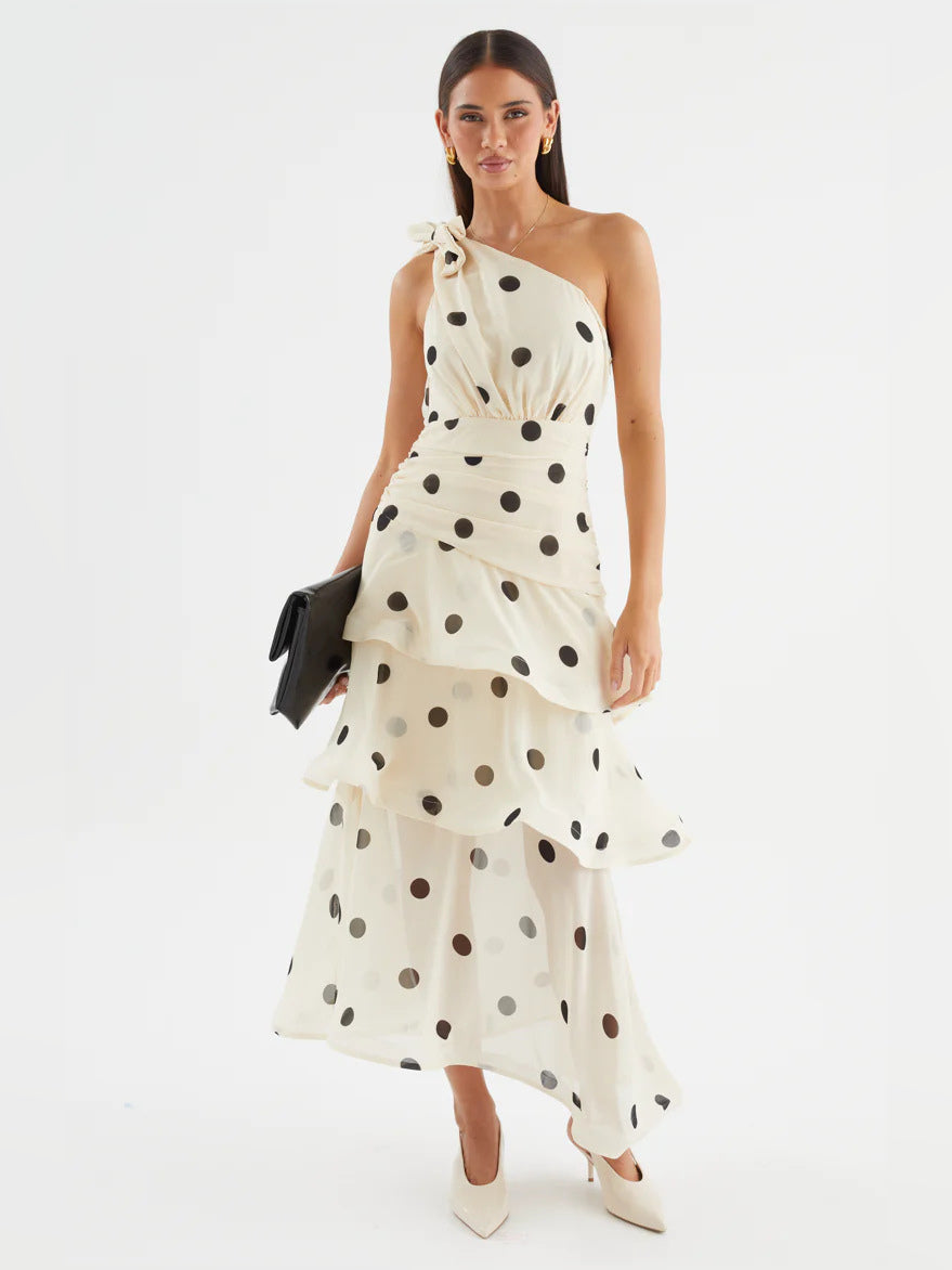 Ivory Black Polka Dot a-line maxi formal dress with ruffle details, alternate full-length view