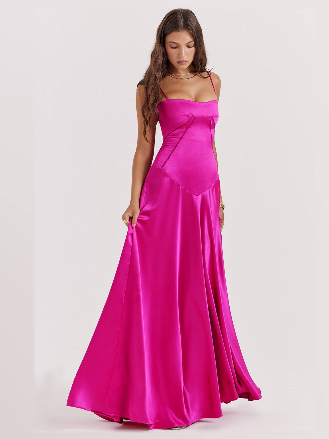 Fuchsia maxi formal dress, alternate full-length view showing the waistline