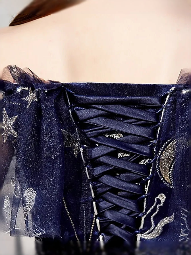Dark navy corset back of off-shoulder tulle prom dress with crisscross lace-up detailing