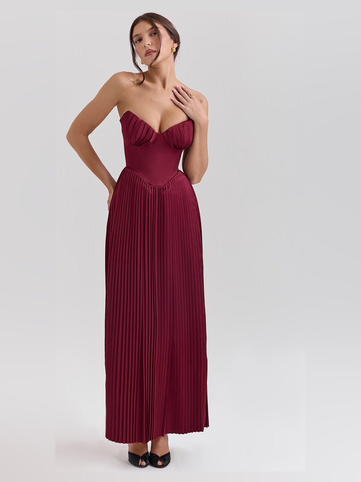 Burgundy a-line maxi formal dress with pleated skirt, alternate full-length view