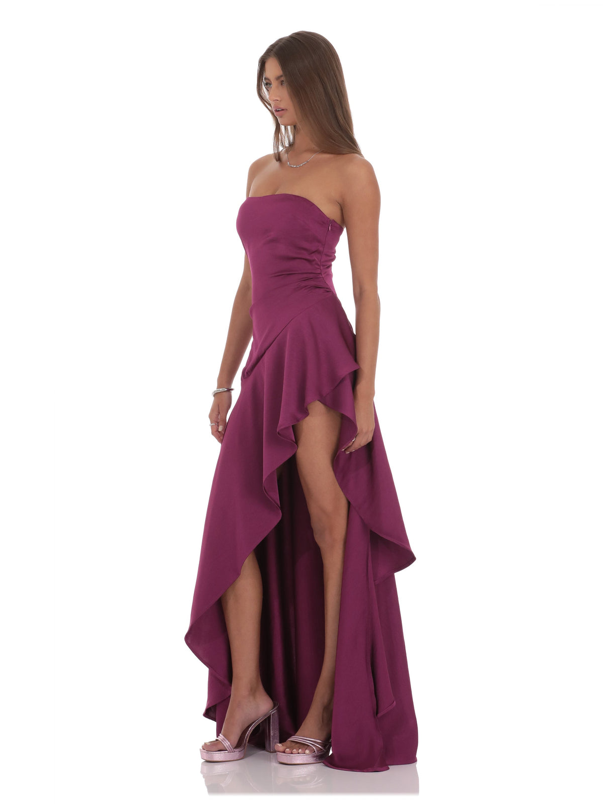 Plum bridesmaid dress with satin construction and high-low hem