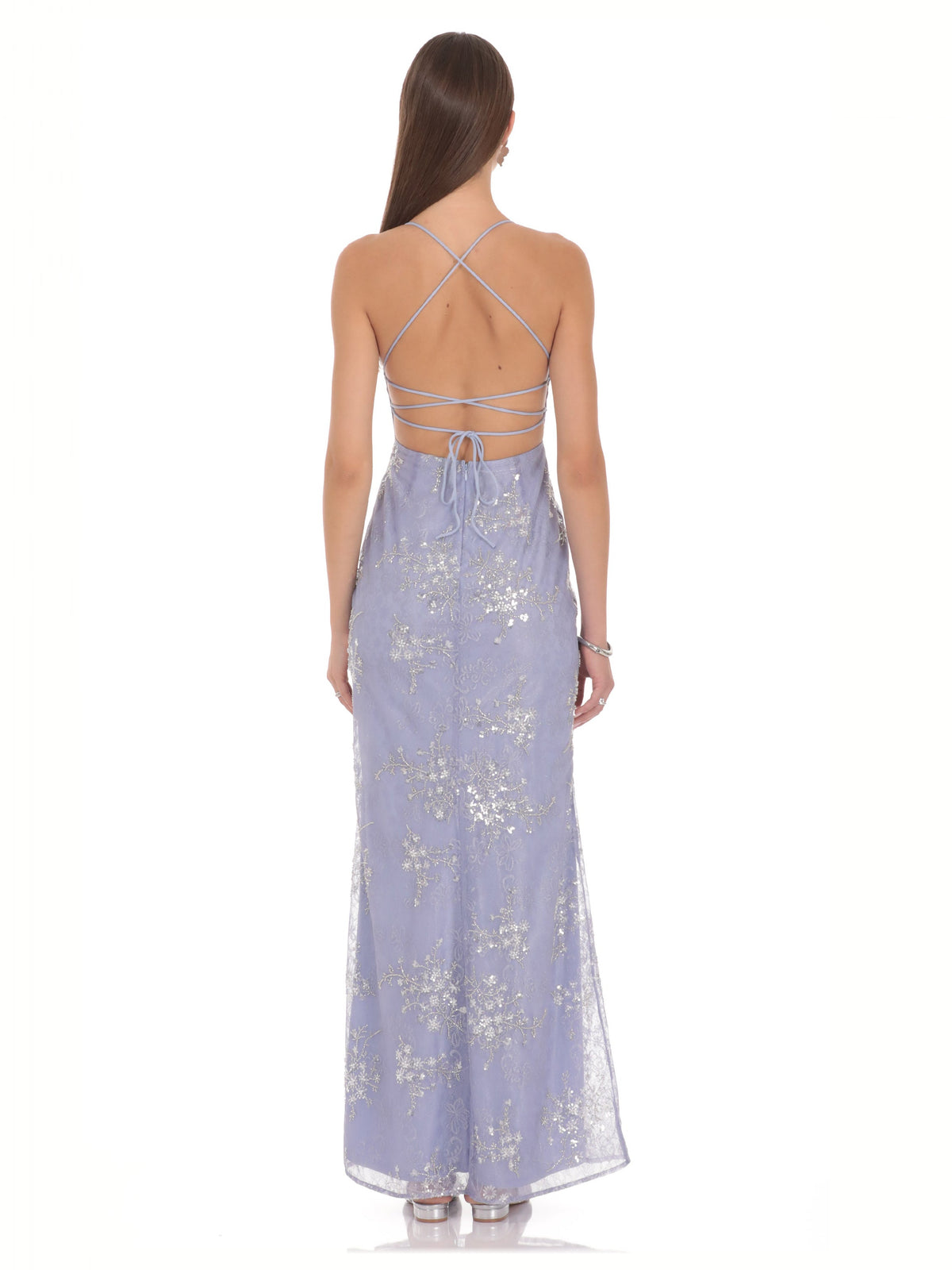Lavender bridesmaid dress with structured woven fabric construction and maxi hem