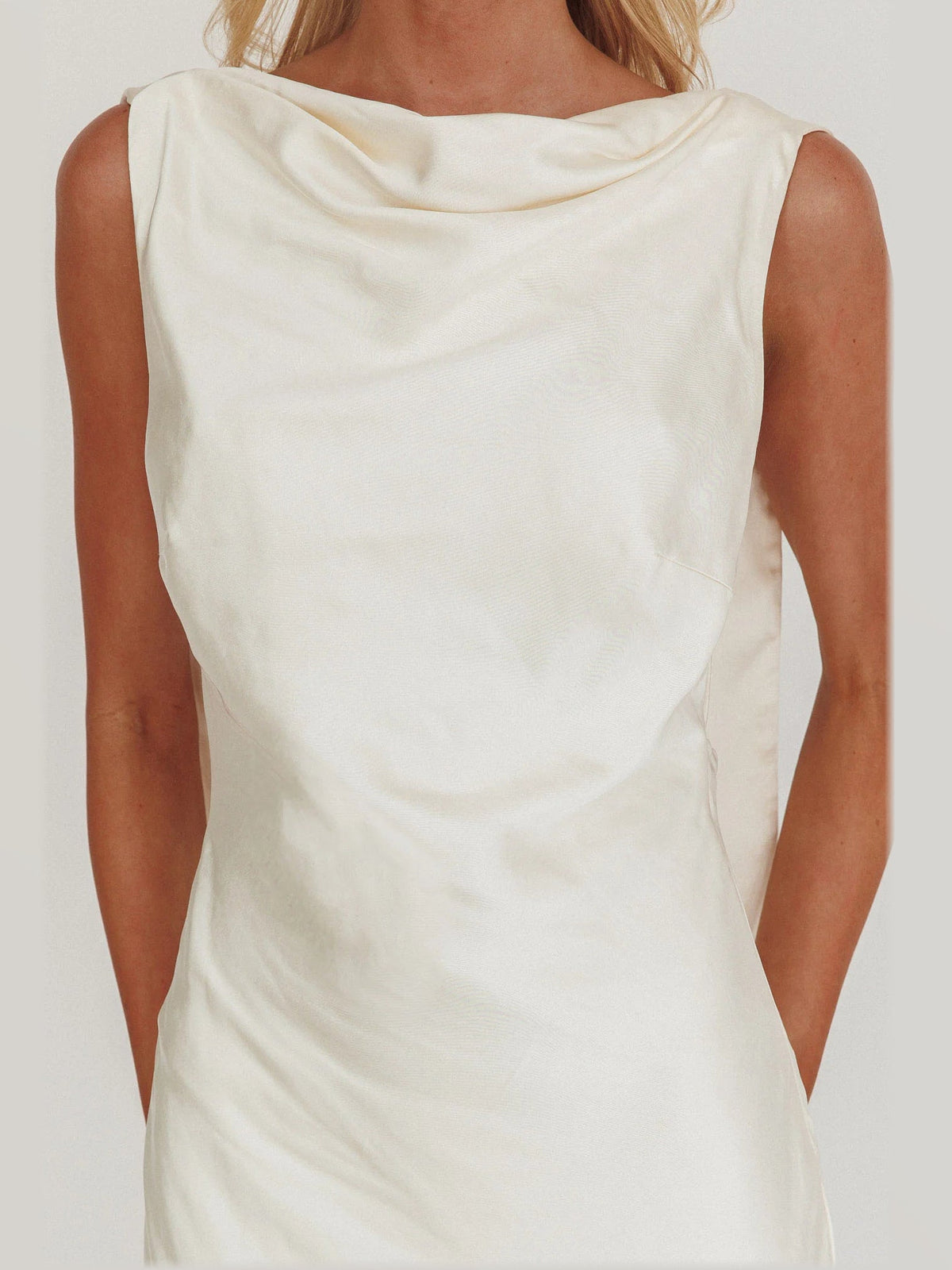 Cream maxi formal dress, alternate full-length view showing the waistline