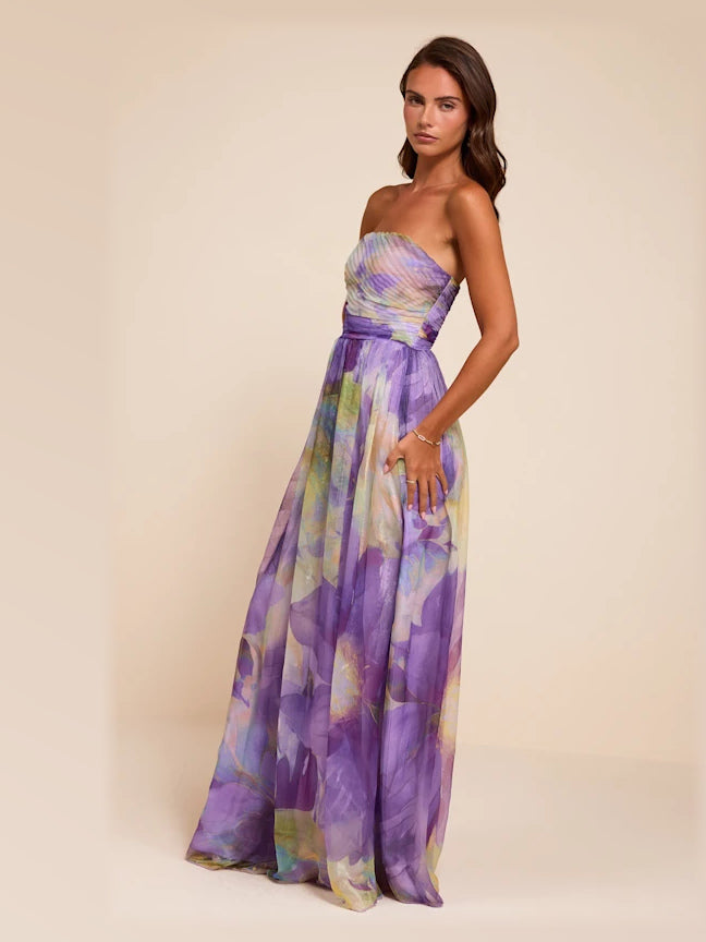 Purple Multi Floral formal dress with structured woven fabric construction and maxi hem