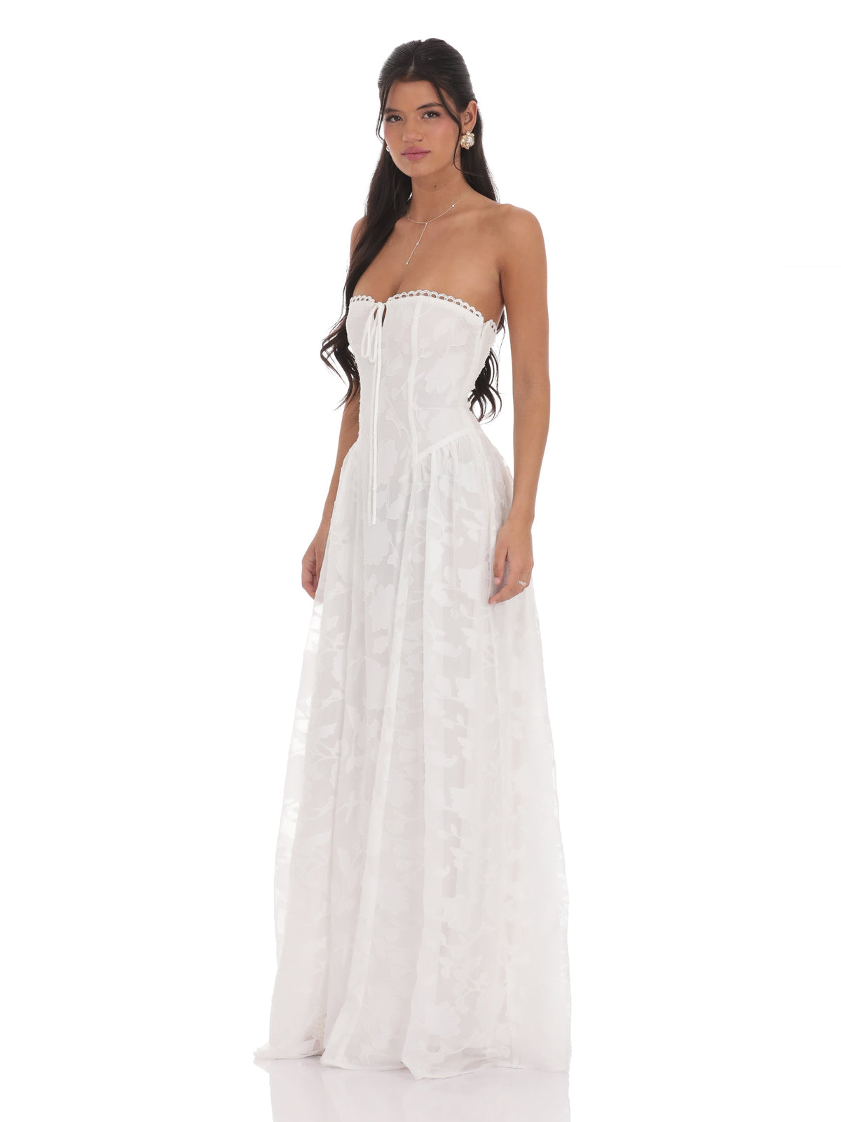White bridesmaid dress with mesh construction and maxi hem