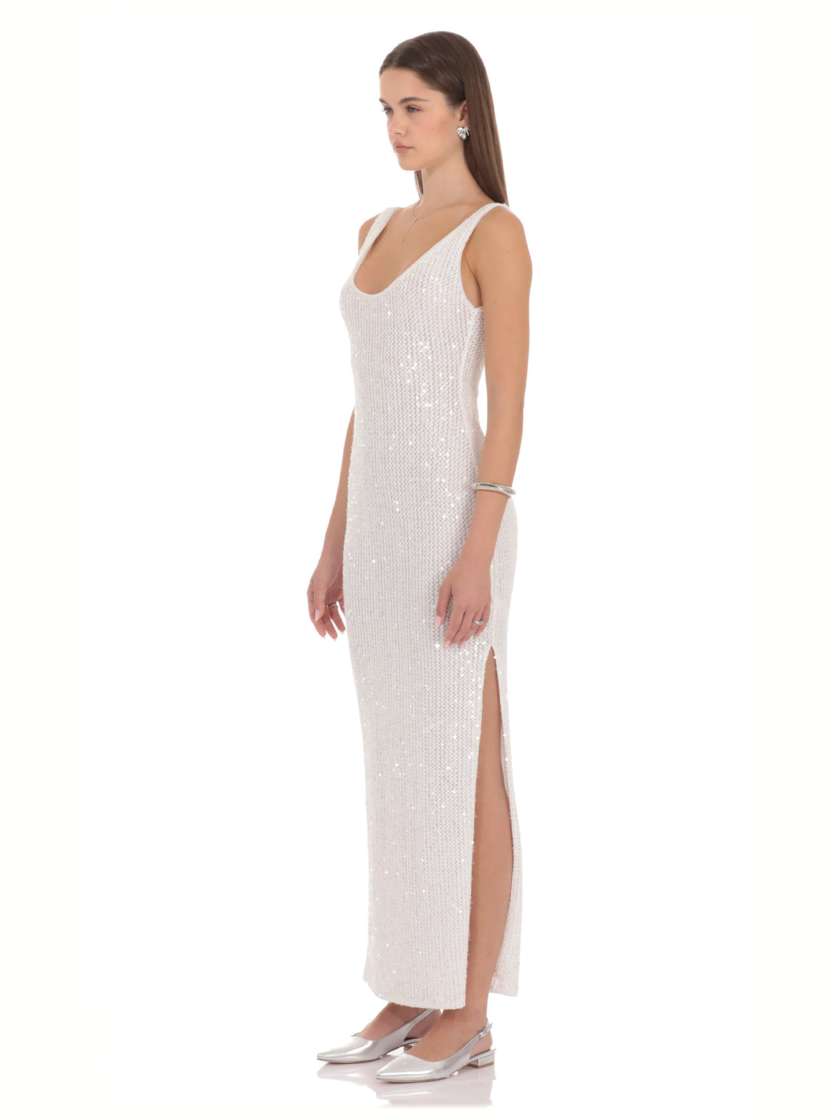 White bridesmaid dress with mesh construction and maxi hem