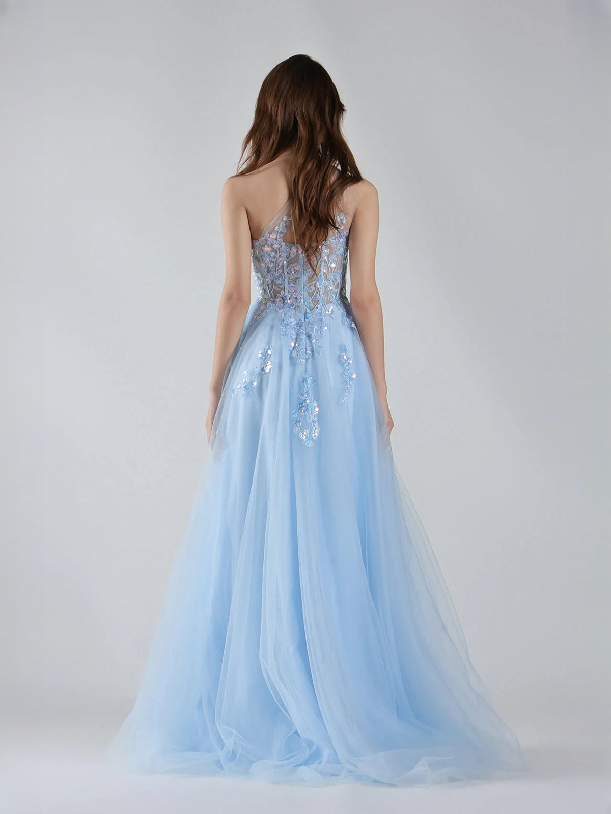 Light blue one-shoulder tulle maxi dress with floral embroidery and sheer full skirt