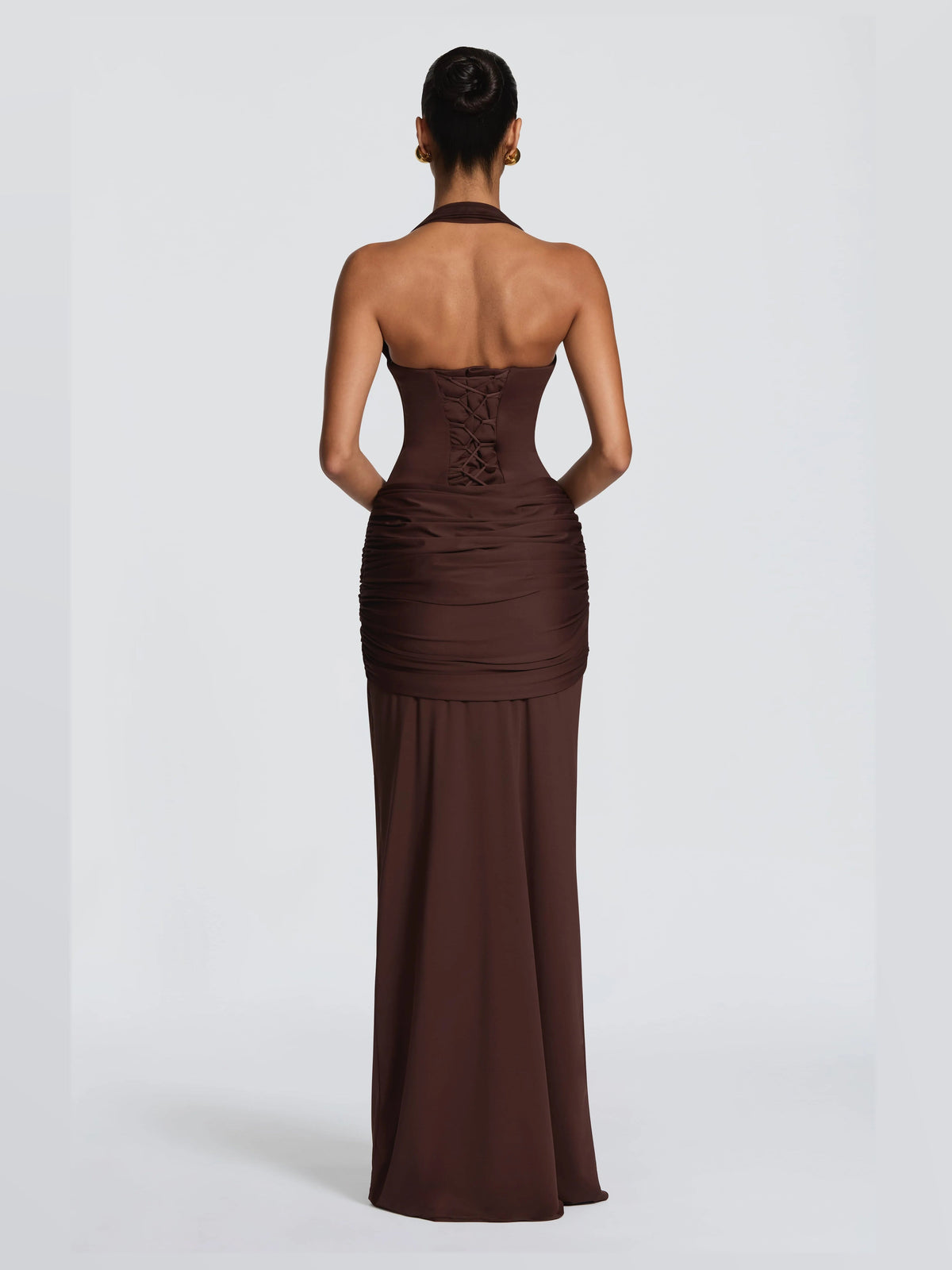 Brown formal dress with structured woven fabric construction and maxi hem