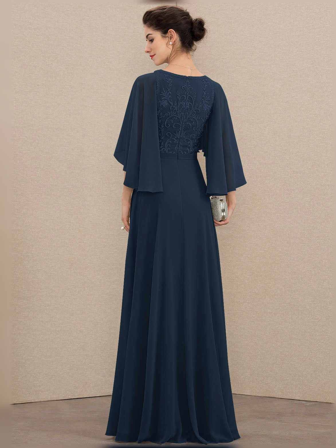 Embroidered V-neck A-line chiffon mother-of-the-bride dress in dark navy, back view