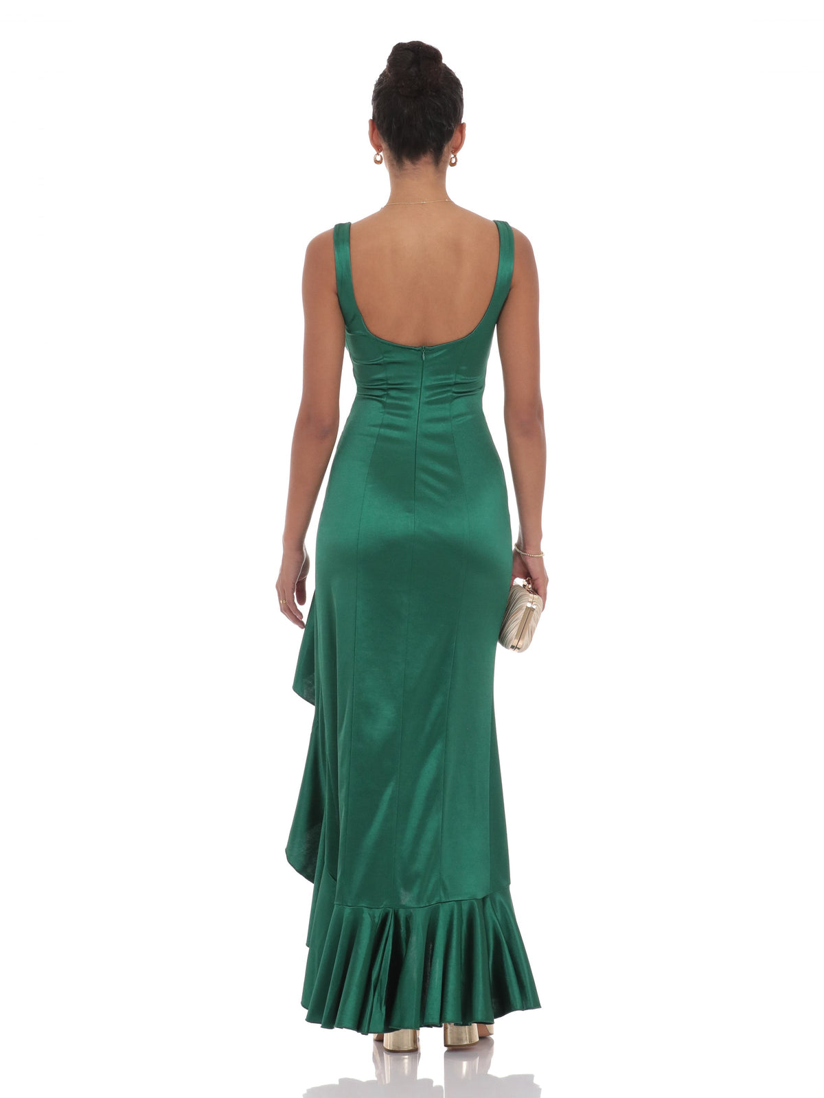 Green bridesmaid dress with satin construction and maxi hem