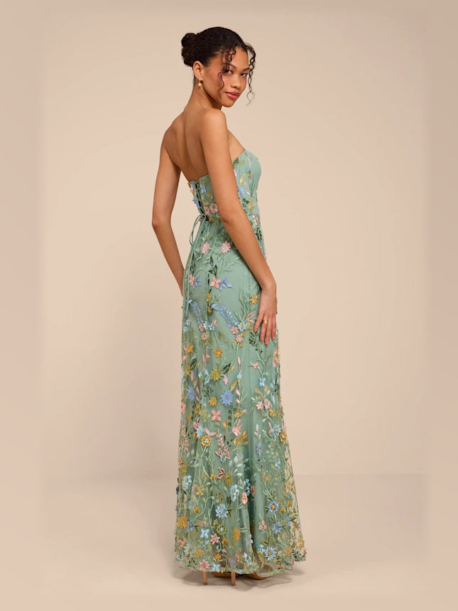 Dark Sage Floral formal dress with mesh construction and maxi hem
