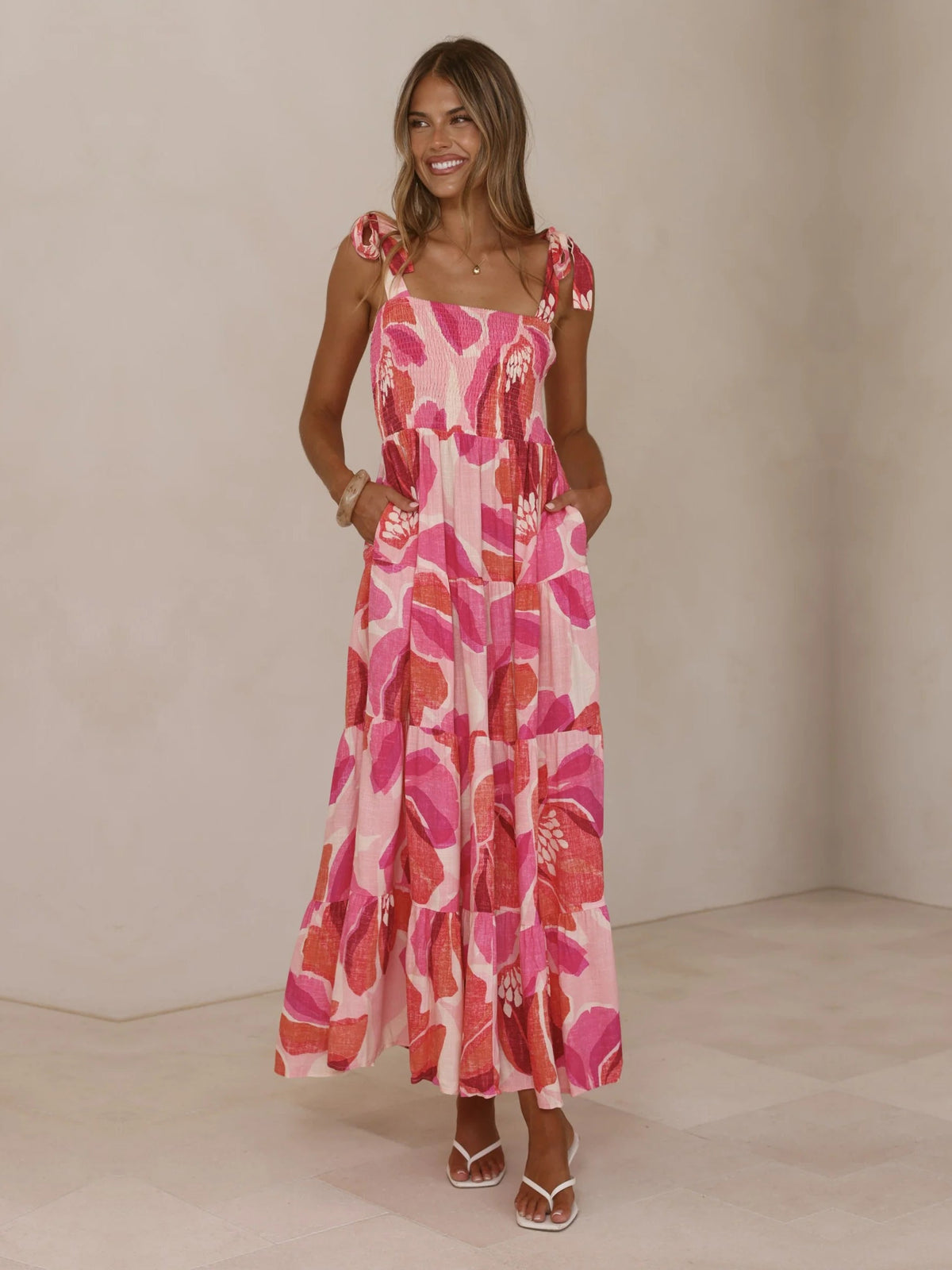 Pink a-line maxi formal dress with printed pattern, alternate view
