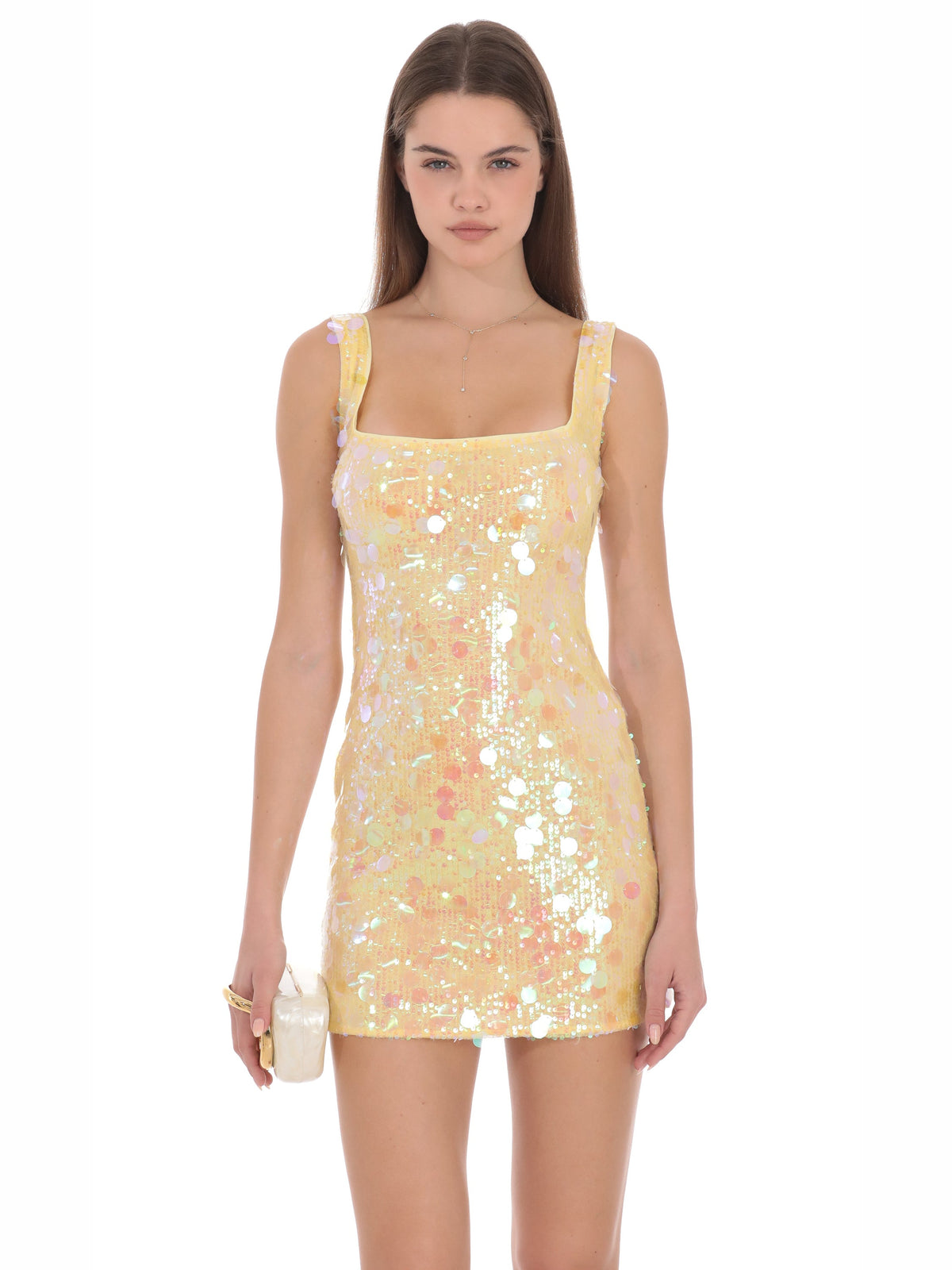Pale yellow sequin mini dress with square neckline and fitted bodice