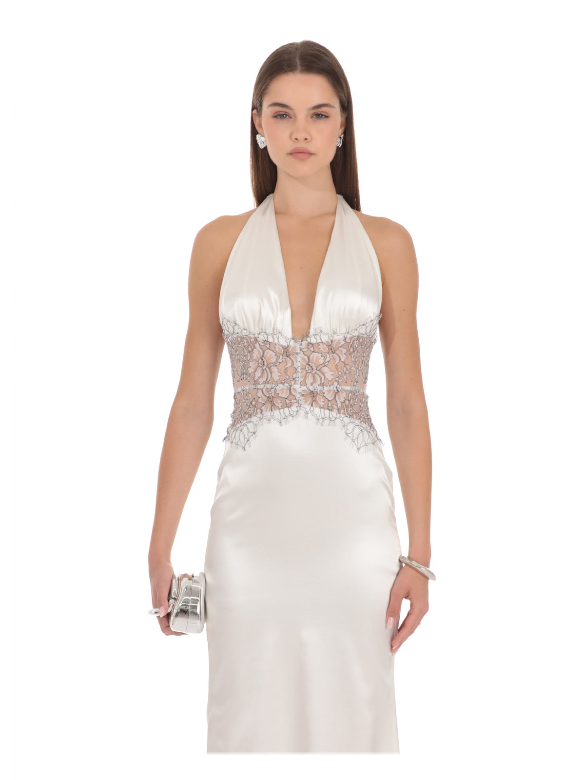 Ivory bridesmaid dress with mesh construction and maxi hem