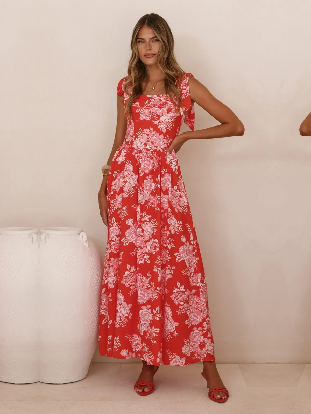 Red Floral a-line maxi formal dress with floral print, alternate view