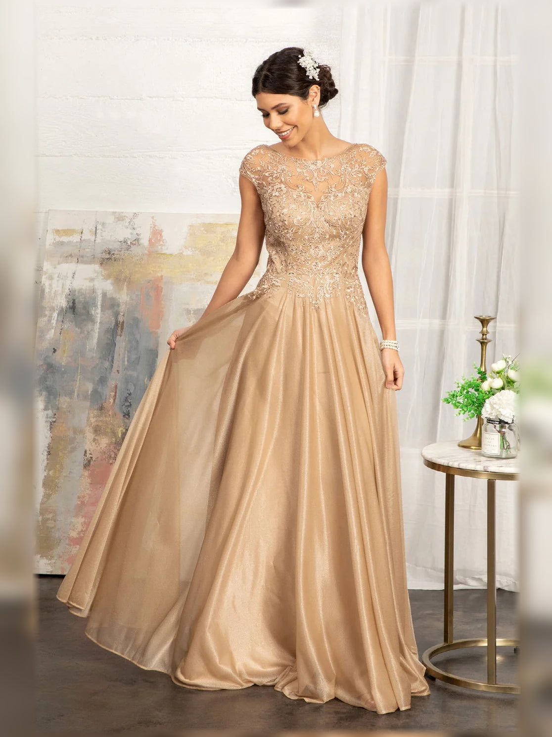Champagne-gold beaded embroidered V-neck A-line floor-length dress with satin skirt