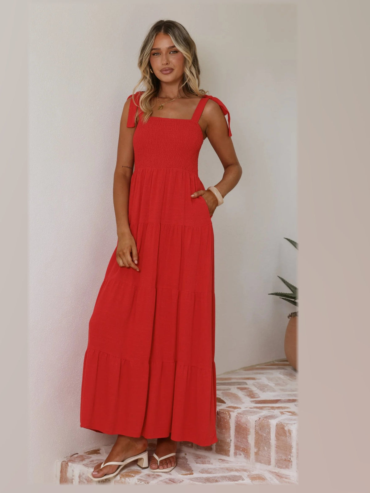 Red maxi formal dress, alternate full-length view showing the waistline