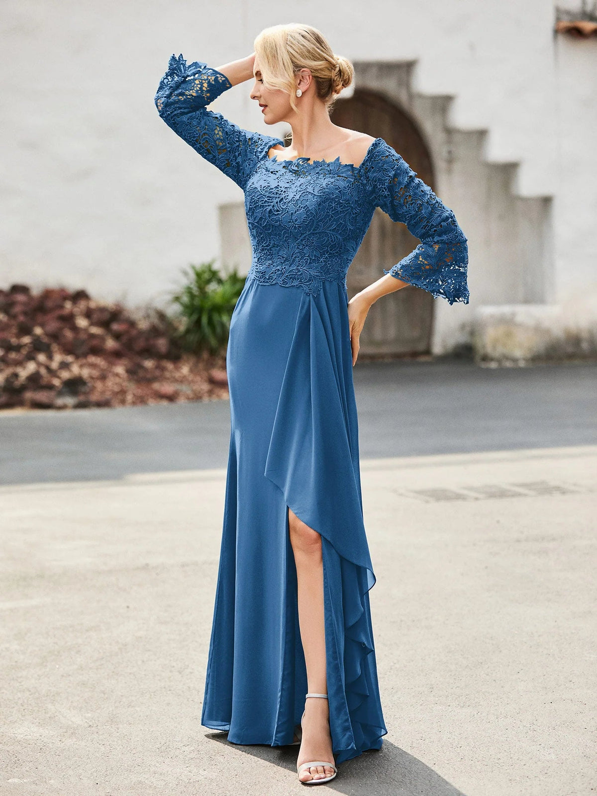 Ink blue off-shoulder lace sheath dress with long sleeves, side slit, chiffon overlay