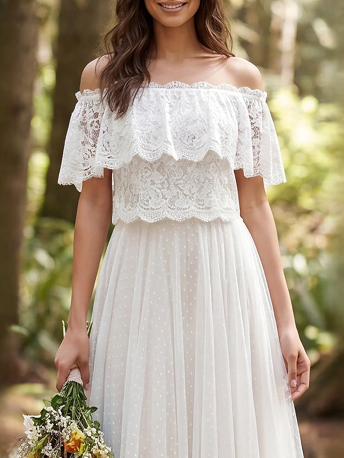 Ivory off-shoulder lace wedding dress with scalloped ruffle neckline and textured bodice