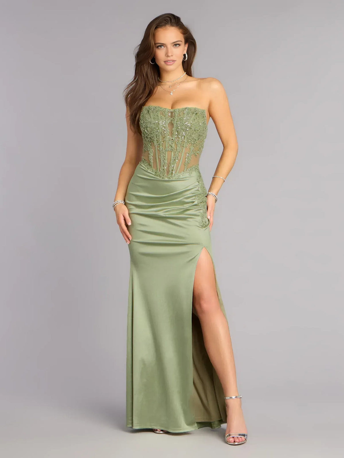 Sage green satin corset mermaid formal dress with beaded strapless bodice and long slit