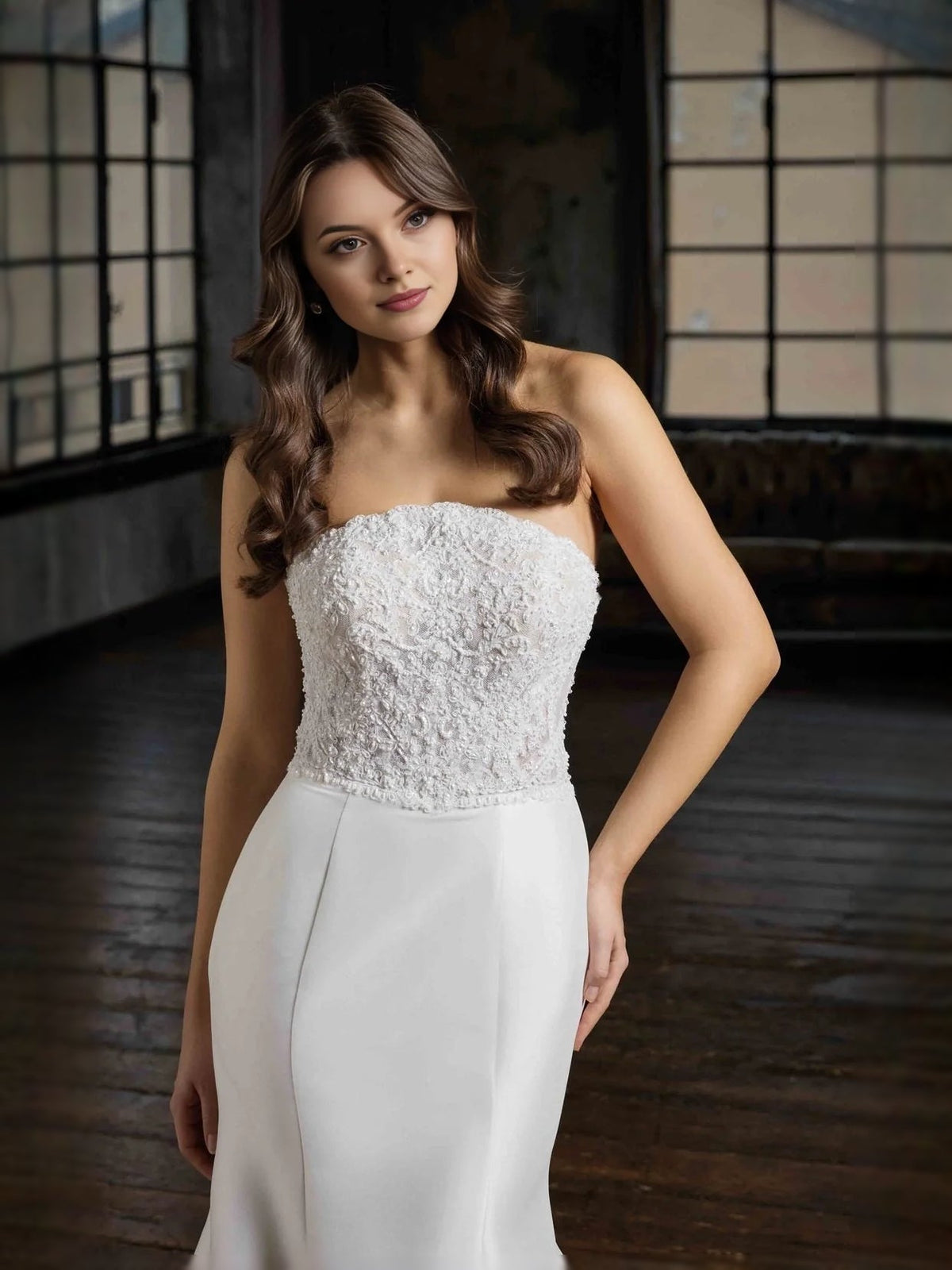Ivory strapless beaded bodice mermaid wedding dress with smooth satin skirt