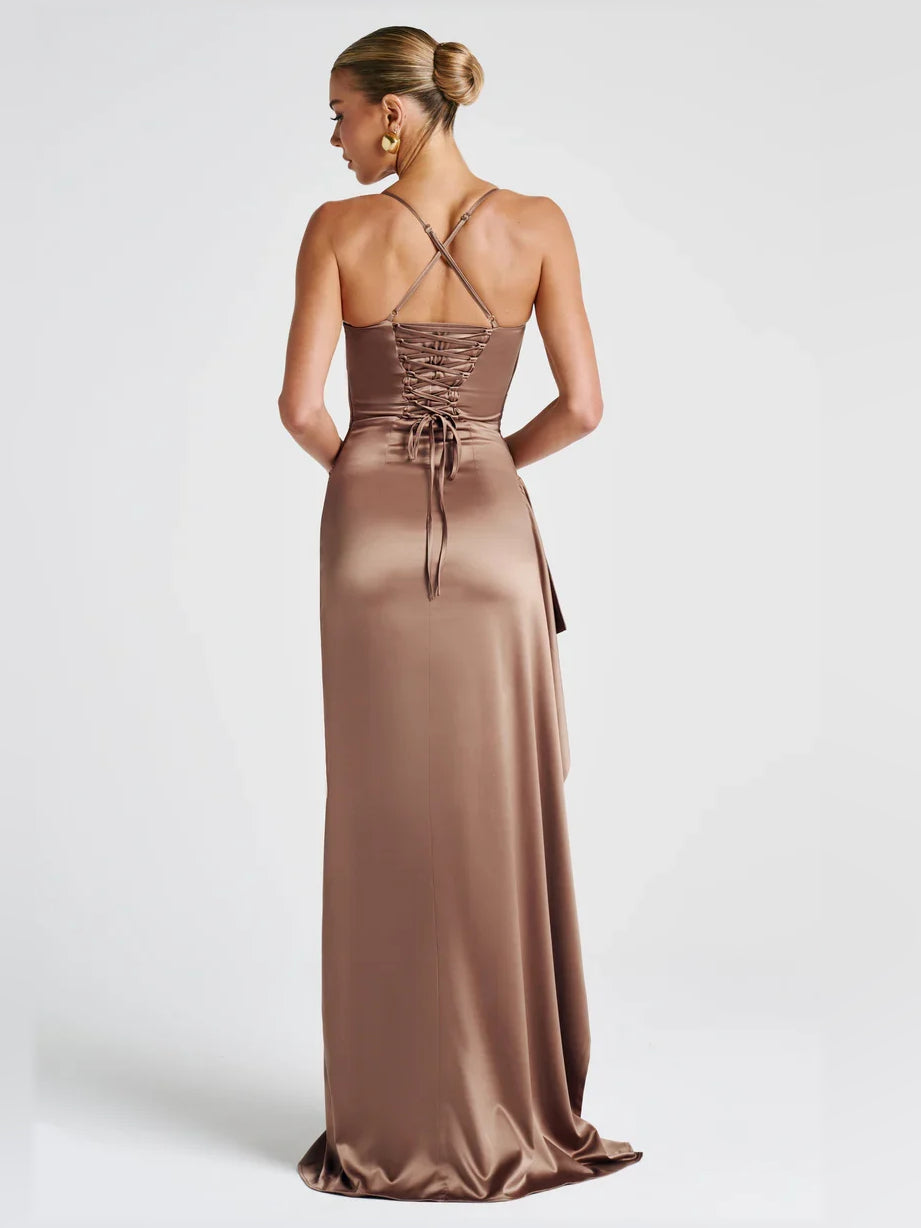 Taupe satin cowl-neck formal dress with ruched back and floor-length straight skirt