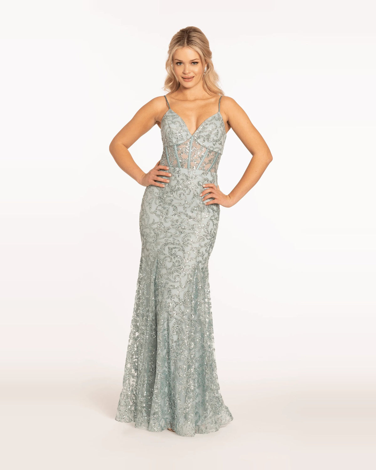 Sage glitter corset maxi prom dress with sweetheart neckline, fitted column silhouette
