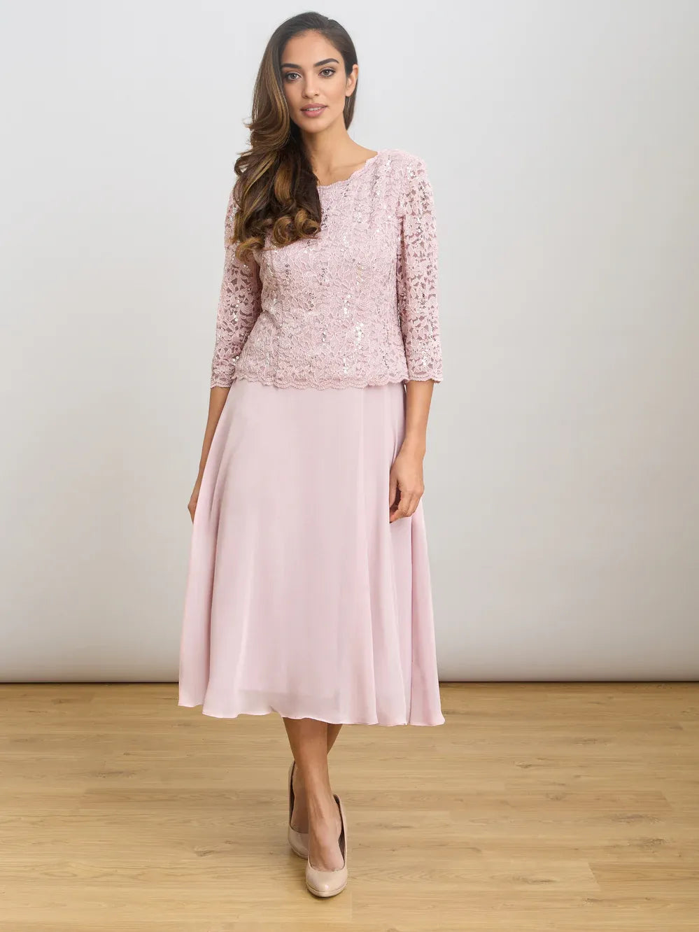 Dusty pink sequin A-line midi chiffon mother-of-the-bride dress, full front view