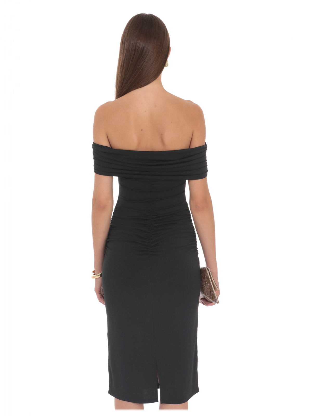 Black bridesmaid dress with structured woven fabric construction and midi hem