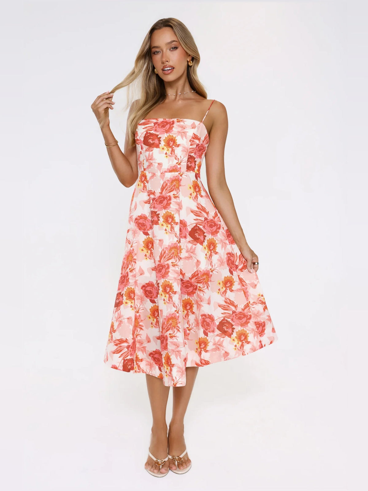 Coral floral midi formal dress with square neckline, spaghetti straps, full skirt