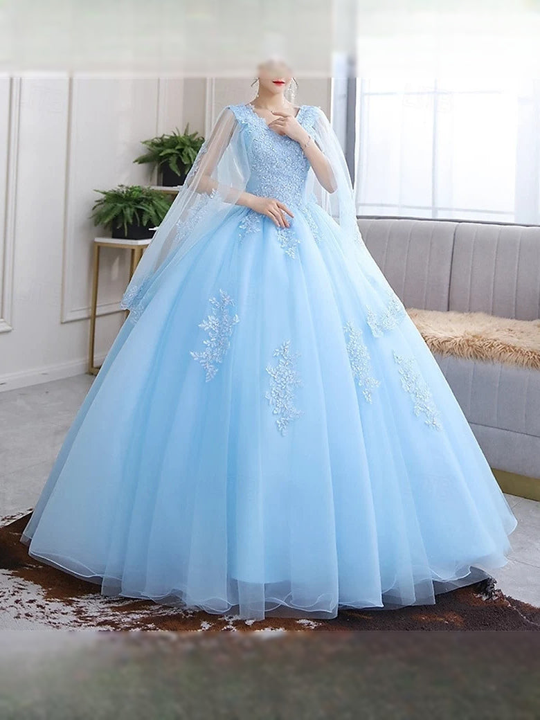 Sky blue corset ball gown with V-neck, floral embroidery, and long tulle skirt