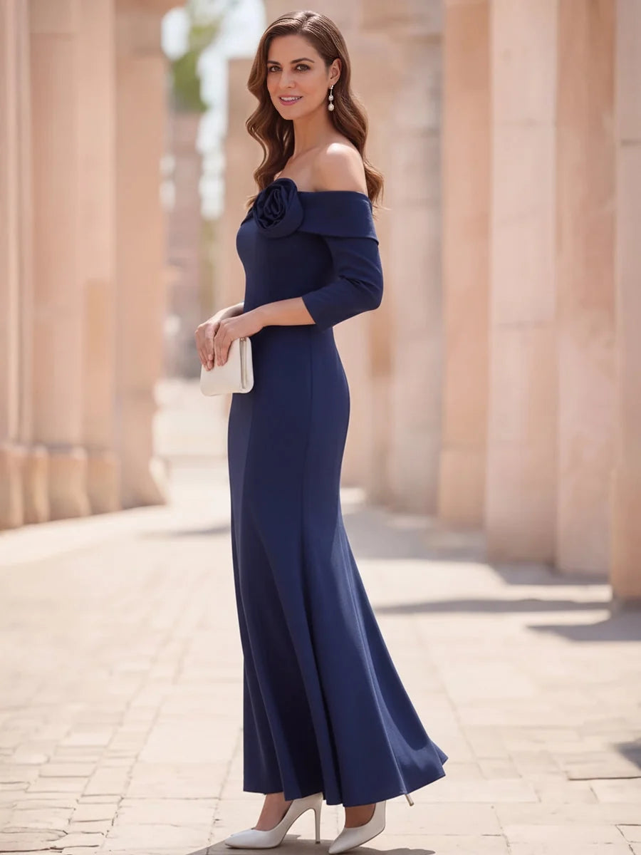 Dark blue off-shoulder mermaid maxi dress with fitted waist and draped neckline rosette