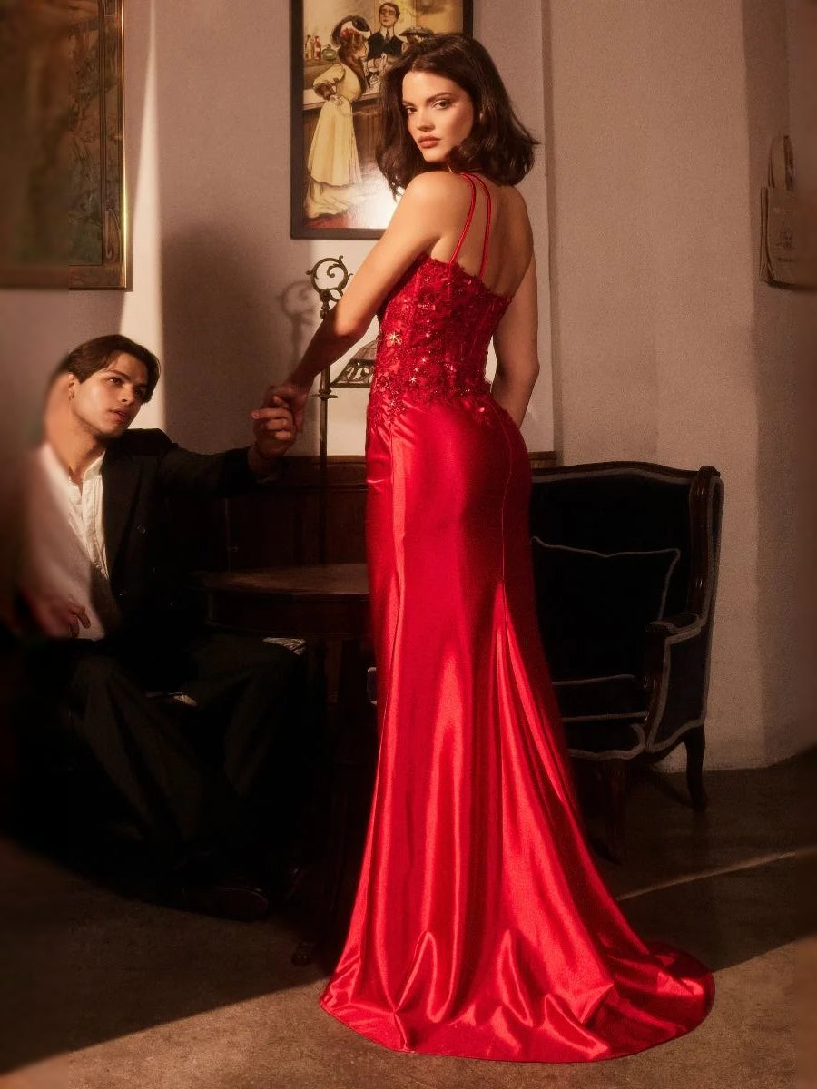 Red one-shoulder mermaid satin prom dress with floral appliqué and floor-length train
