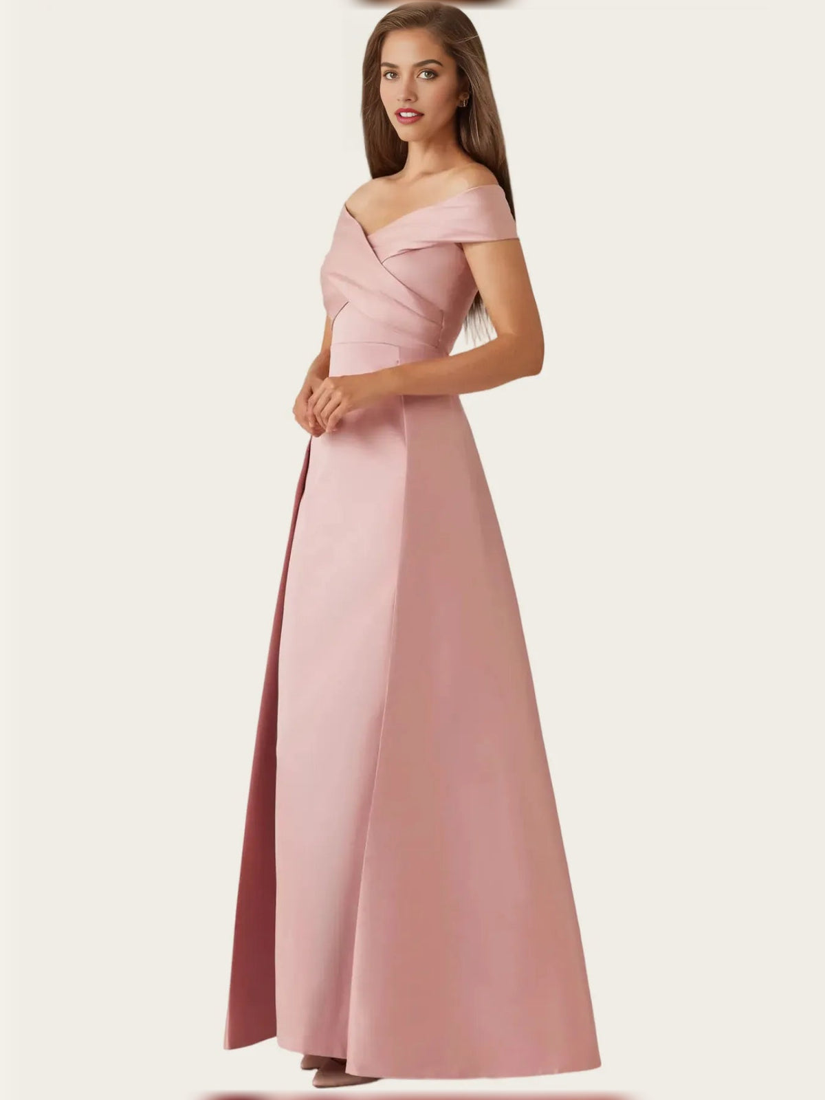 Dusty rose satin A-line maxi gown with side drape and off-shoulder neckline