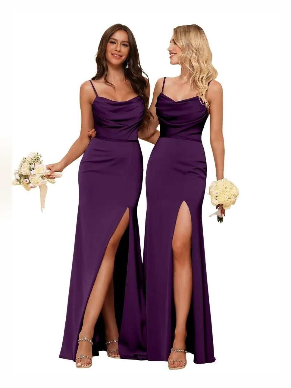 Grape purple cowl neck satin sheath bridesmaid dress with sleeveless drape and thigh slit.