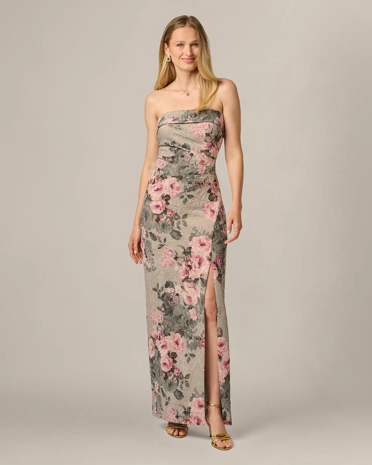 Strapless floral print maxi sheath dress with side slit and fitted waist