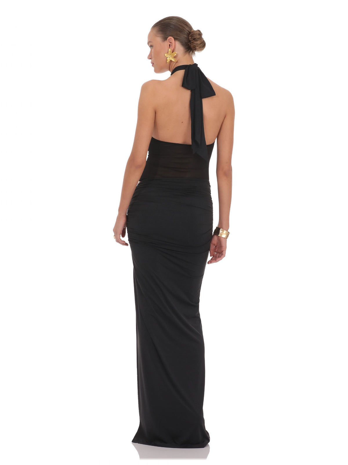 Black bridesmaid dress with structured woven fabric construction and maxi hem